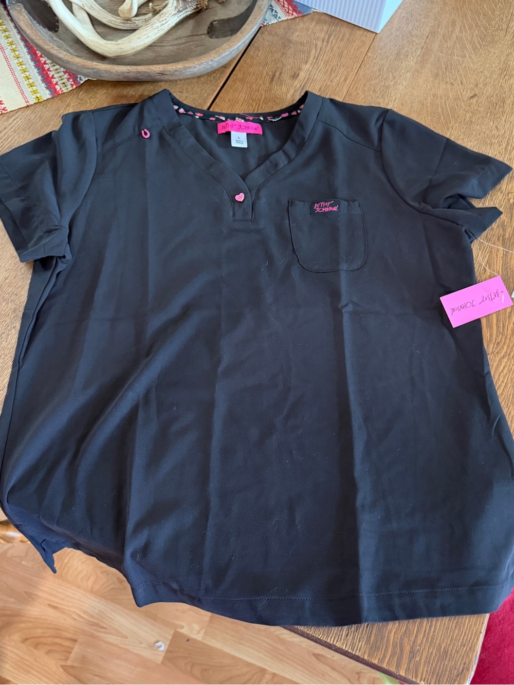 Betsey Johnson Black Scrub Top with Hot Pink Trim